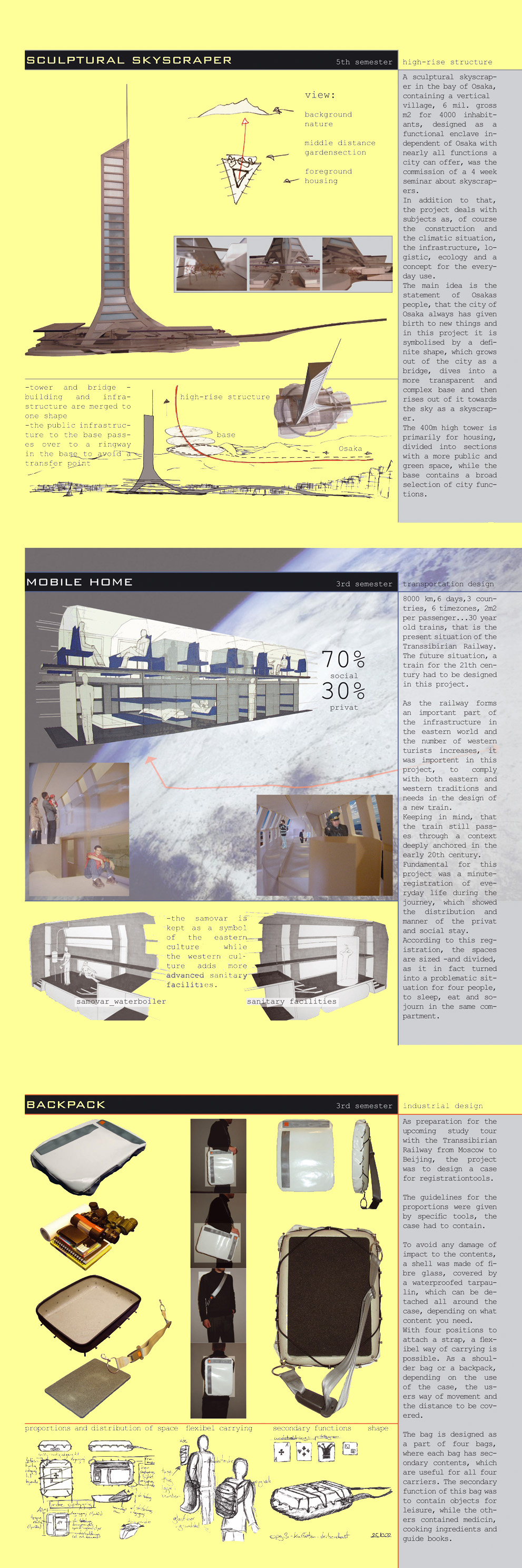 sculptural skyscraper - mobile home - backpack design